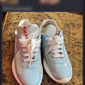 Prada Light Blue and White Patent Leather Sneakers